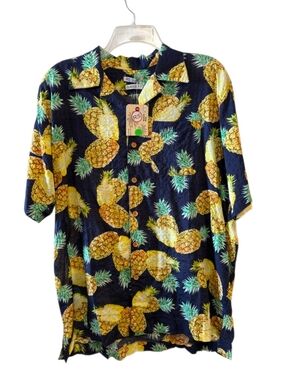 RS Surf Men’s Navy Pineapple Print Short Sleeve Button Down Shirt Linen Blend